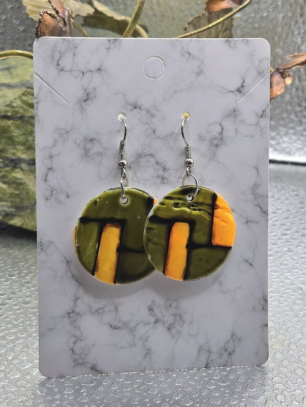 "5/$40" Handpainted Mid Century Modern Abalone Shell Orange/Green  Earrings